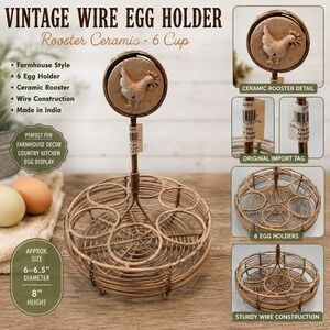 Vintage Wire Egg Holder 6 Cup Farmhouse Ceramic Rooster Country Kitchen Decor